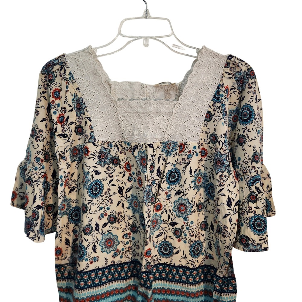 Umgee USA Floral Peasant Boho Blouse Top Crochet Trim Bell Sleeve Size S Y2K‎